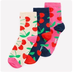 Boden Cherry Crew Socks Women’s Oatmeal, Navy & Pink (3-Pack) NIB